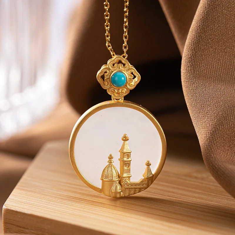 Natural Hetian white jade pulp round Pendant Necklace Chinese retro palace style castle charm women's brand jewelry