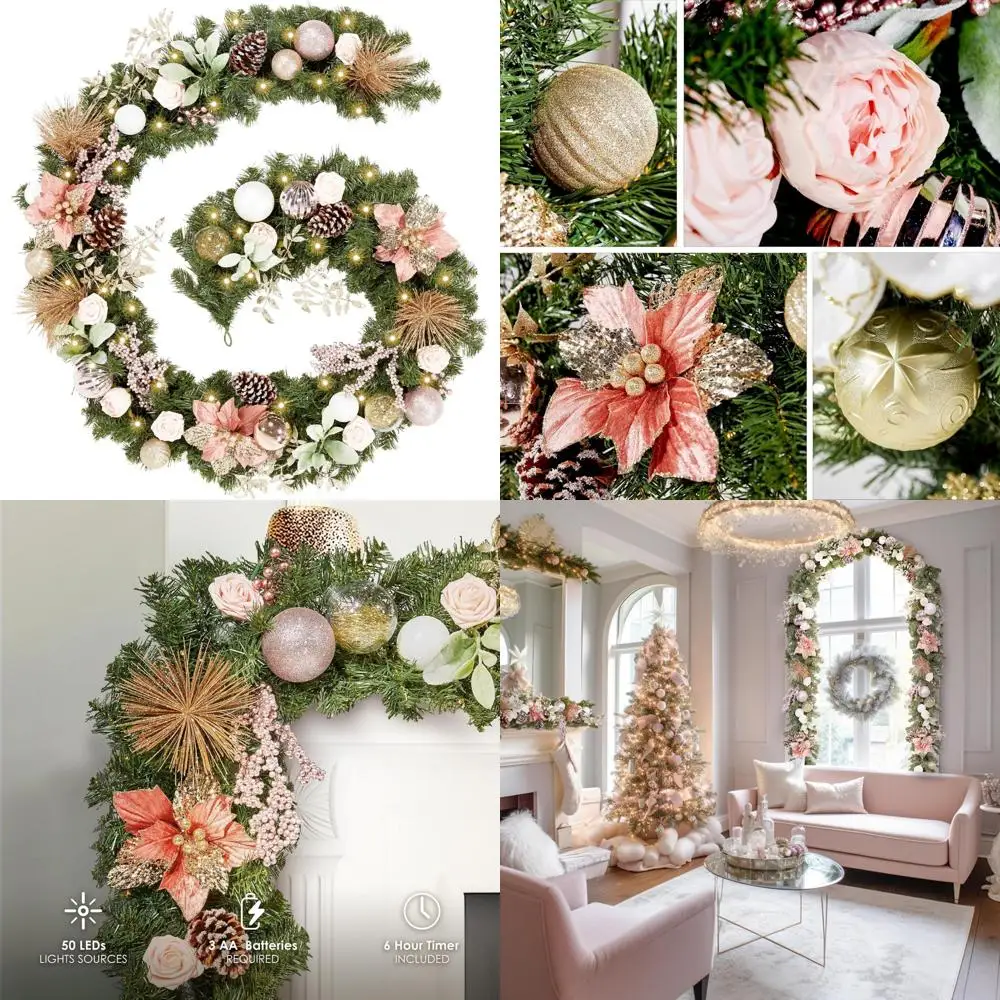 

LED Lighted Christmas Garland with 50 Lights, 9 Feet Long, Rose Gold for Indoor Outdoor Holiday Decorations
