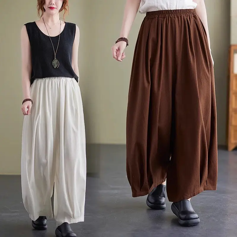 

Wide Leg Linen Pants For Women Summer Large Size Clothing Elastic Waist Loose Casual Trosuers Oversized Culottes Z2352