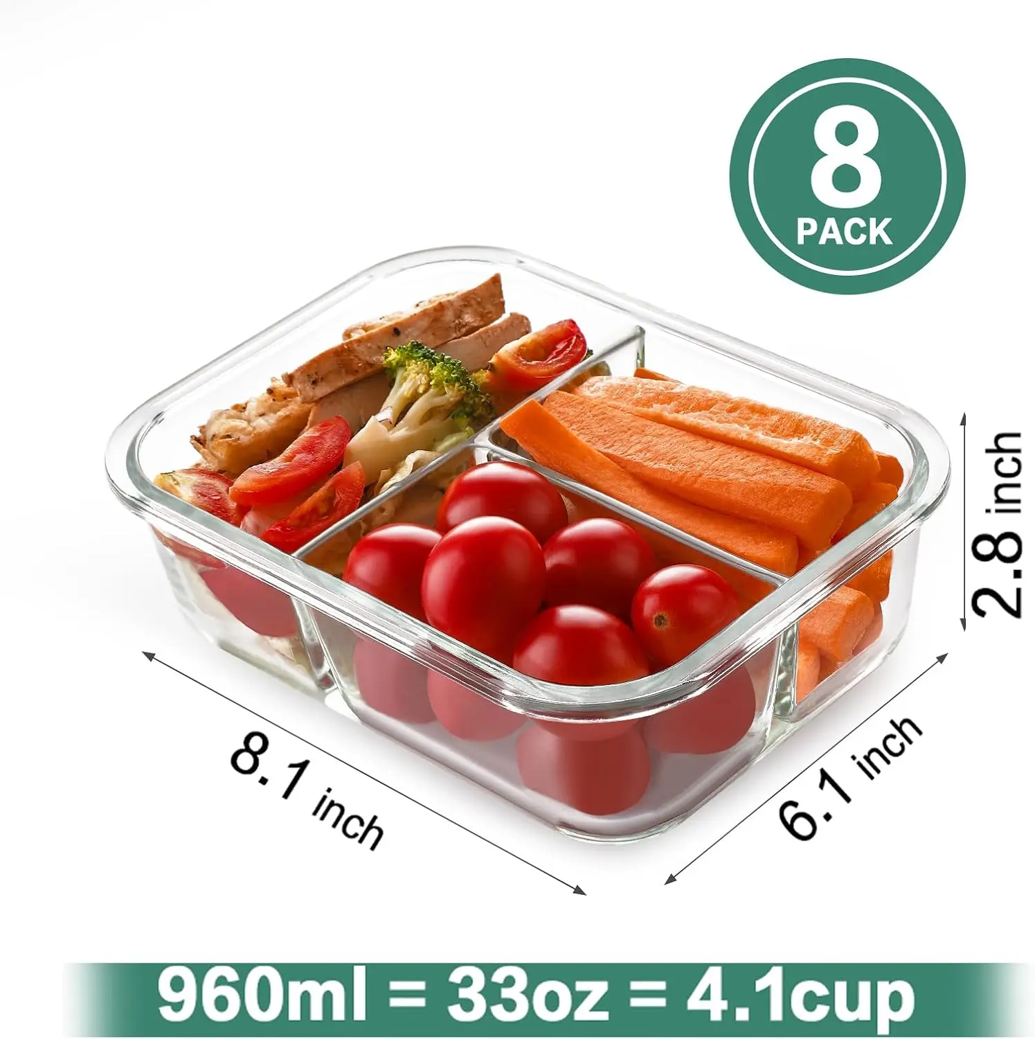 8 Pack Glass Meal Prep Containers 3 Compartment, 36oz Glass Food Storage Containers with Lids, Airtight Glass Lunch Bento Boxes