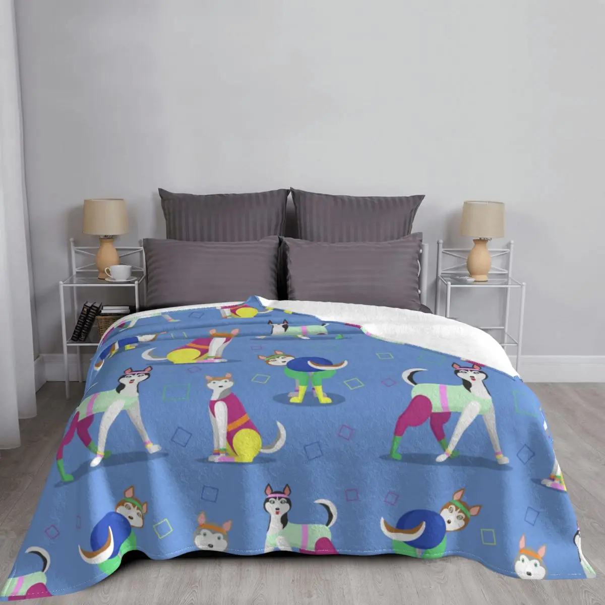 Blue Pattern With Husky Dogs Blanket Coral Fleece Plush Summer Cute Dog Ultra-Soft Throw Blanket for Bed Office Plush Thin Quilt