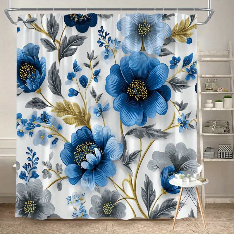 

1 piece blue floral and gray leaf shower curtain, polyester fabric, machine washable, suitable for bathroom decoration