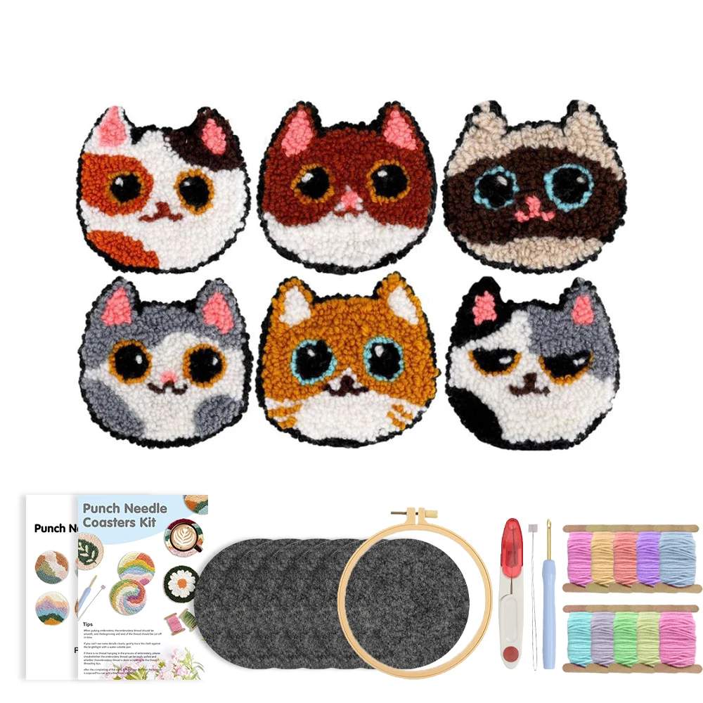 CHENISTORY 6PCS Cute Dog Embroidery Kit Punch Needle Coaster Set For Beginner Art Craft Punch Needle Supplies Tufted Coasters