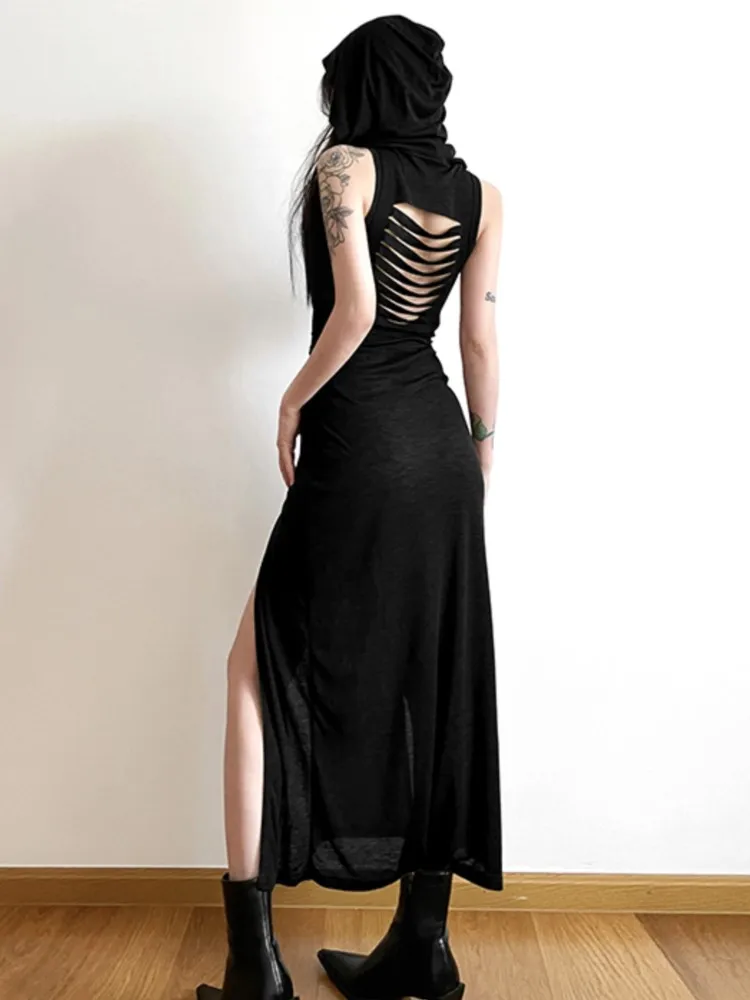 Black Y2k Hooded Sleeveless Long Dresses Women Lace Up Cut Out Backless Dress Streetwear Summer High Split Vestidos Cool Girl