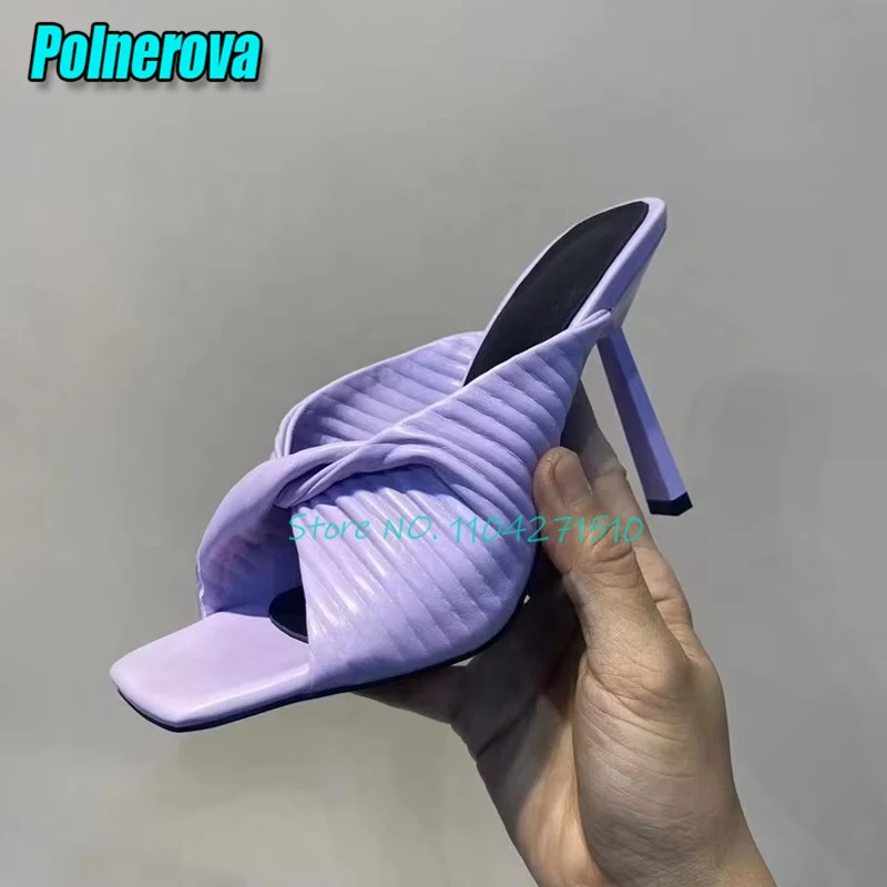 Multicolor Pleated Knot Slippers Fashion Designer Square Toe Thin High Heels Women's Sandals Summer Outdoor Party Runway Shoes