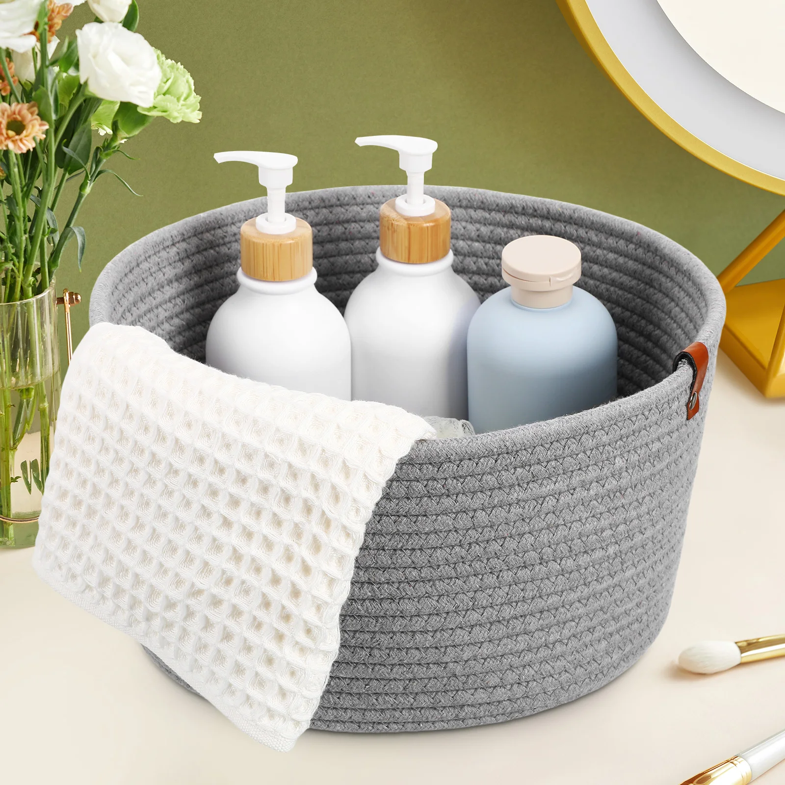 

2 Pcs Storage Basket Cotton Rope Woven for Organizing with Cover Sturdy Bins Organizer Baskets Grey Small