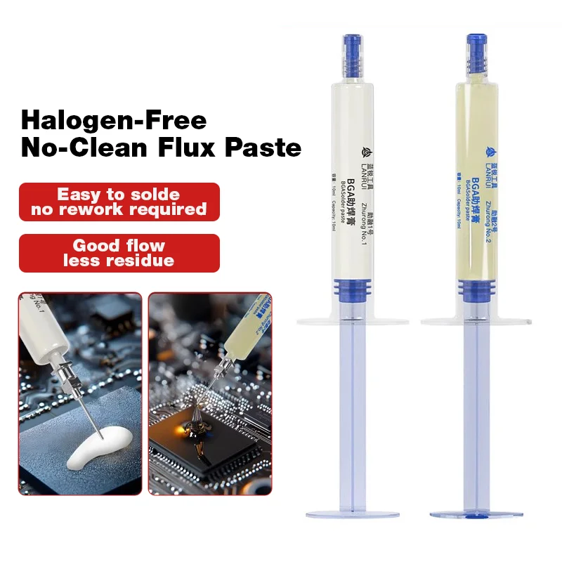 LANRUI No. Pasta fundente de soldadura electrónica, sin limpieza, sin halógenos, aceite de soldadura de bajo olor, tipo jeringa de bajo humo, reparación blanca, 1/2