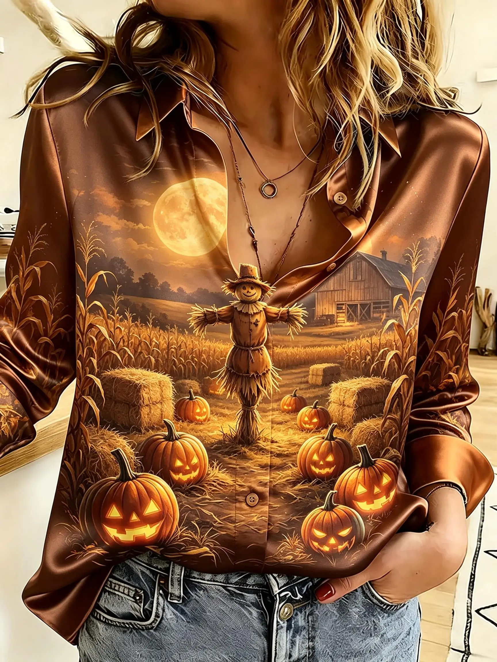 Women Halloween Fall Harvest Graphic Button Down Shirt, Turn‑down Collar Long Sleeve Casual Party Top
