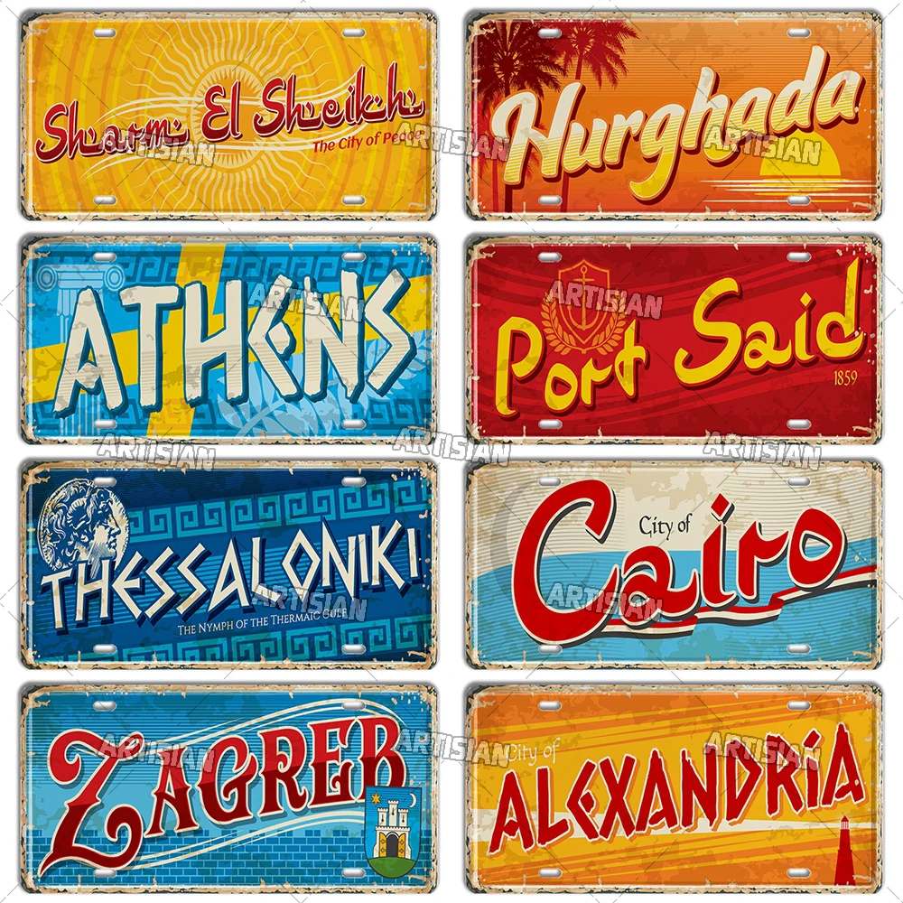 Artisian Greece Ctiy State Province Metal Sign EGYPT Landmark License Plate Travel Car Plate Decorative Tin Plaque Wall Decor