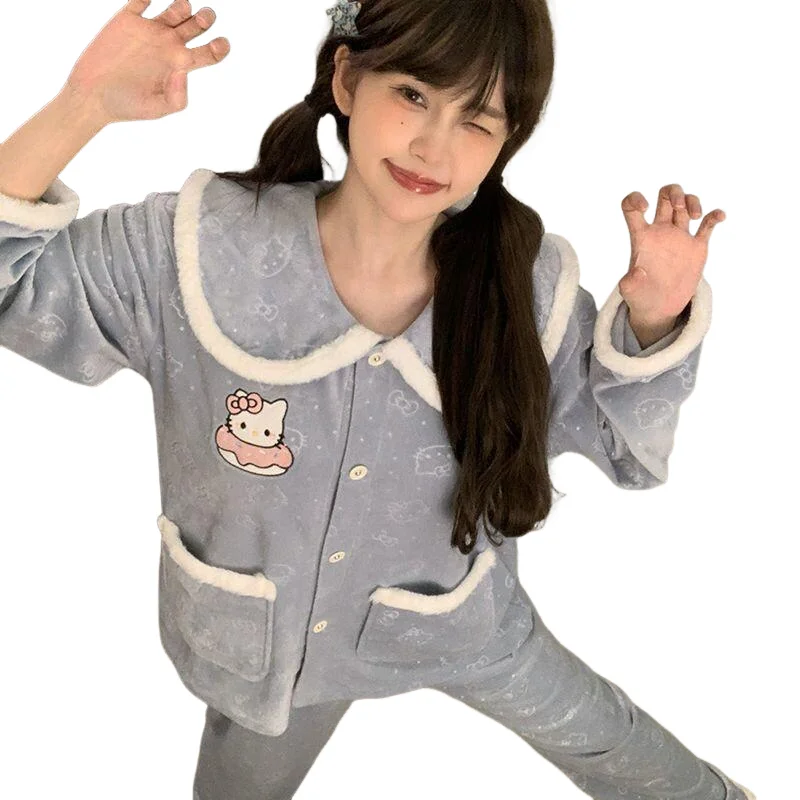 

Комплект пижамы Sanrio Hello Kitty: милый мультяшный дизайн, флис, для девочек, зимний, незаменимый, с длинным рукавом, теплый, мягкий, уютный, для сна