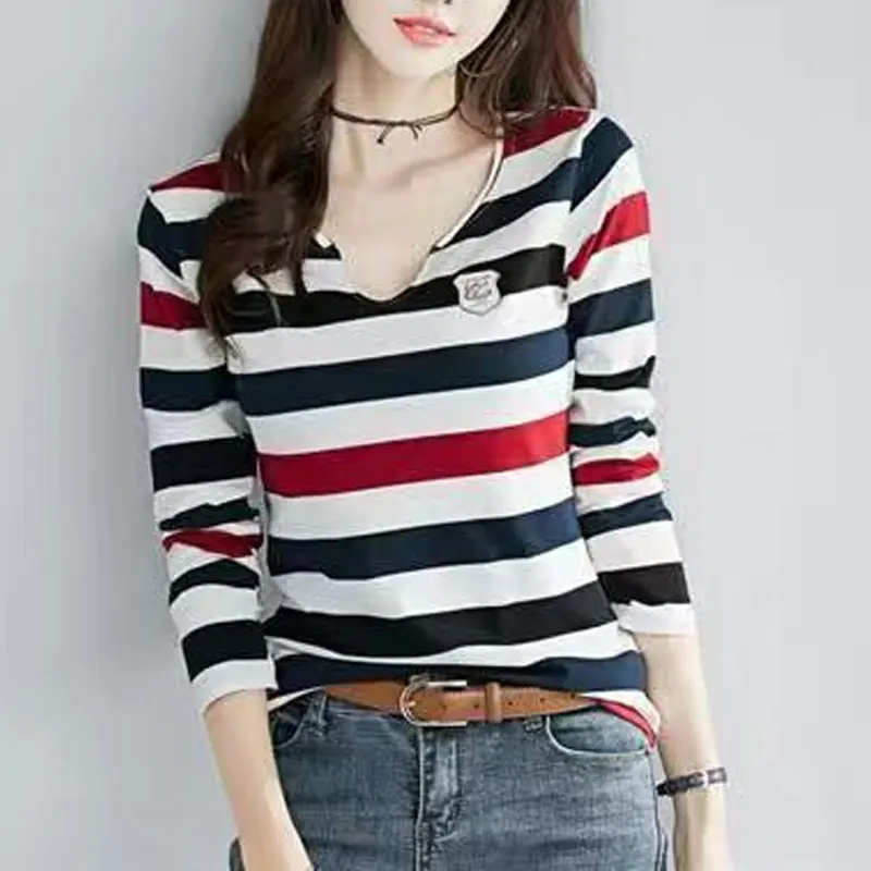 

Fashion Casual V-Neck T-shirt Female Clothing All-match Color Striped Spring Autumn Slim Long Sleeve Korean Patchwork Pullovers