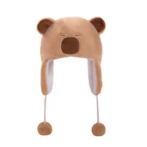 Warm Cute Plush Capybara Hat Cartoon Ear Protection Capybara Plush Cap Thickened Pullover Hat Animals Ears Beanie Hats Girls