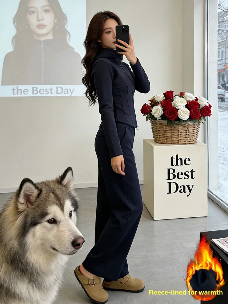 

Модный зимний синий комплект Fce с высокой талией, широкие брюки, комплект из двух предметов, женский повседневный комплект, теплая смесь хлопка