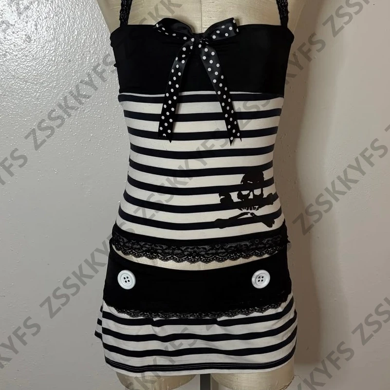 Bow Lace Halter Top Grunge Girl Tank Punk Stripe Gothic Skull Print Streetwear 2000s Japanese Clothing 2 Piece Sexy Short Skirt