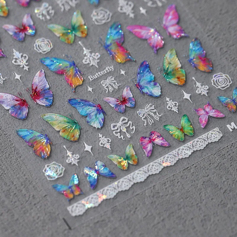 5D Relief Bright Laser Colorful Fantasy Butterfly Adhesive Nail Art Stickers Decals Manicure Ornaments Accessories Supplies