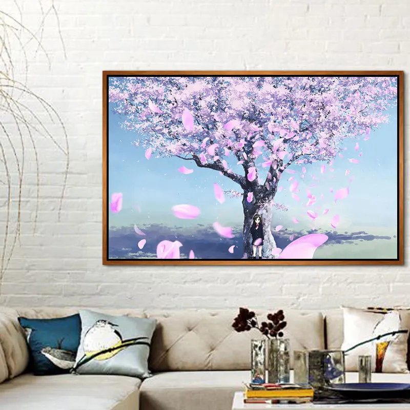 Cartoon Style Diamond Painting the Girl Under the Cherry Tree Is Full Drill Diamond Embroidery and Romantic Hanging Painting