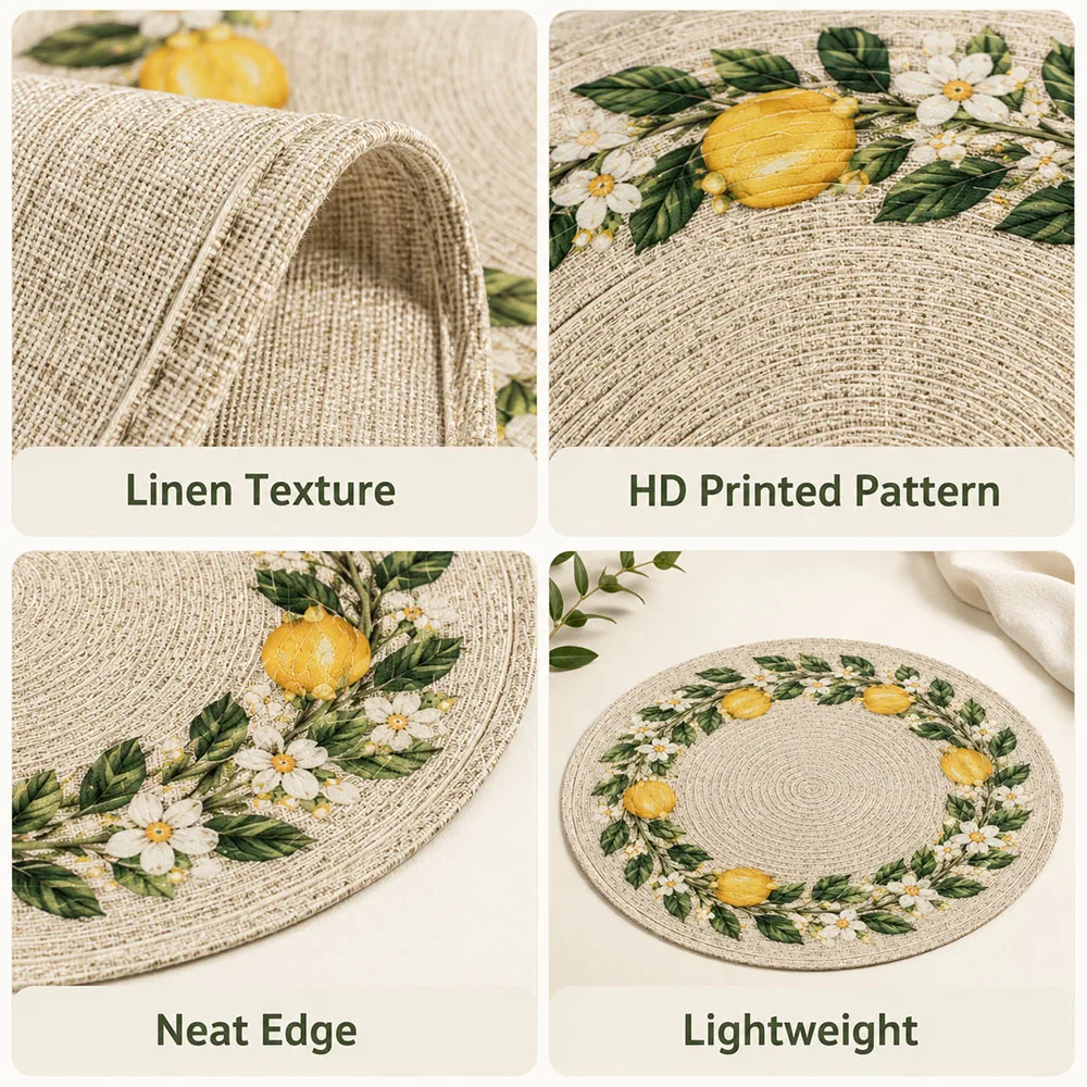 4-Piece 2D Printed Placemats - Imitation Rattan Lemon Flower Round - 15-Inch Polyester Tablecloth, Home Decoration, Festival Use