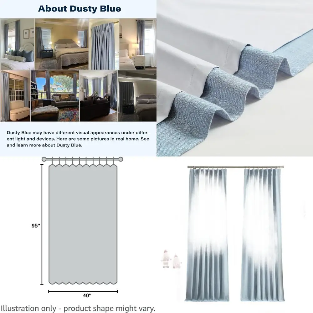ستائر طويلة بطيات باللون الأزرق المغبر 95 مع بطانات تعتيم، نسيج كتان، زوج 40 وات × 95 لتر للمنزل #1