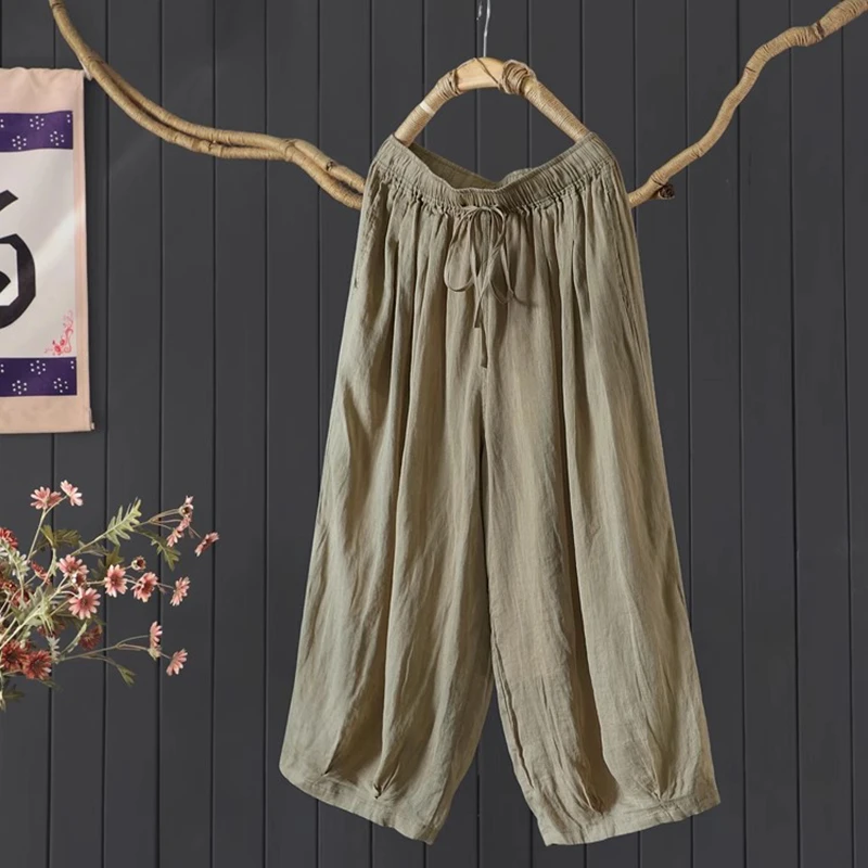 

100% женские шаровары Ramie, Новое поступление, лето 2025, простой стиль, однотонные свободные женские повседневные брюки до щиколотки, M1777