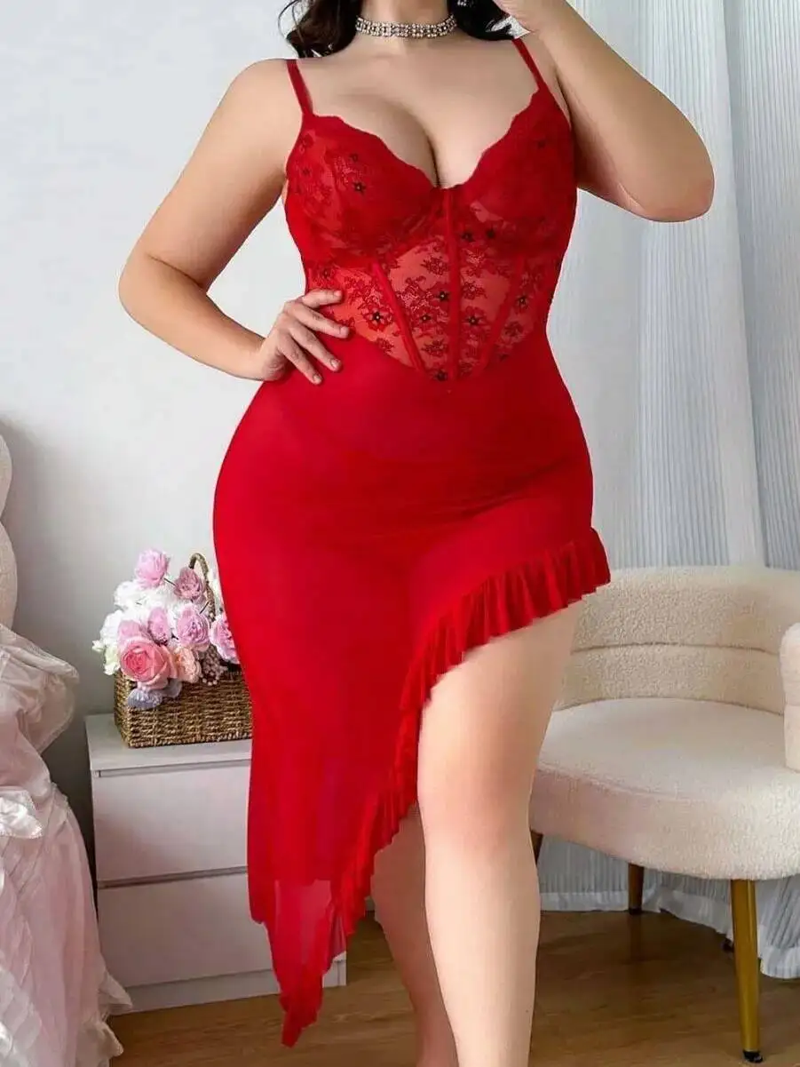 Chemise de nuit en dentelle rouge grande taille, maille transparente, ourlet à volants, écharpe pour femmes, romantique, saint-valentin, vêtements de nuit séduisants, robe élégante 5GUX