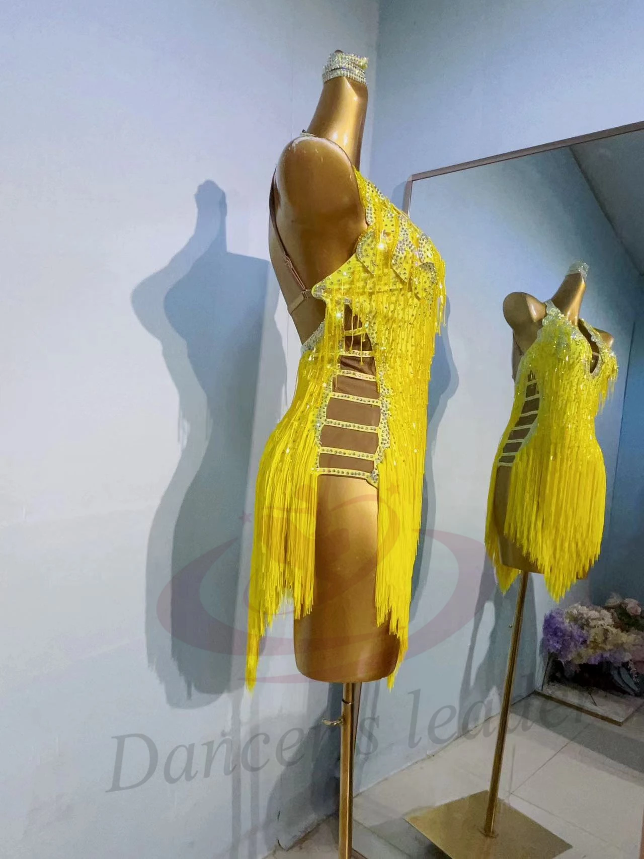 Latin Dance Competition Women's High-end Custom Yellow Tassel Exposed Side Leg Rumba Tango Performance Dress