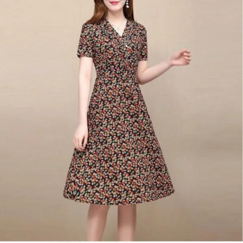 Vestido feminino manga curta com decote em v, zíper retalhos, ajuste fino, estampado, confortável, casual, que combina com tudo, pulôver de verão, moda, 2024