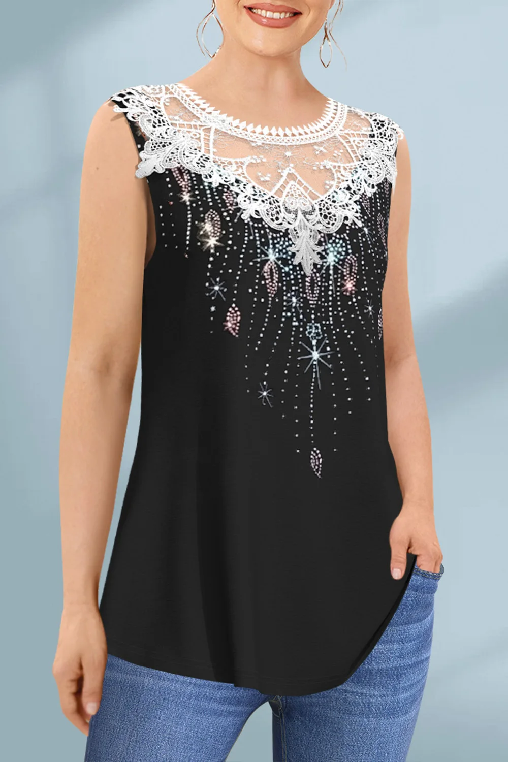 Flycurvy Camiseta sin mangas con lentejuelas y panel de encaje negro informal de talla grande