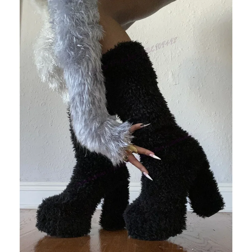 

Black Fluffy Chunky Heels Boots Platform Round Toe Shoes for Women Solid Color Knee High Winter Shoes 2023 Zapatos Para Mujere