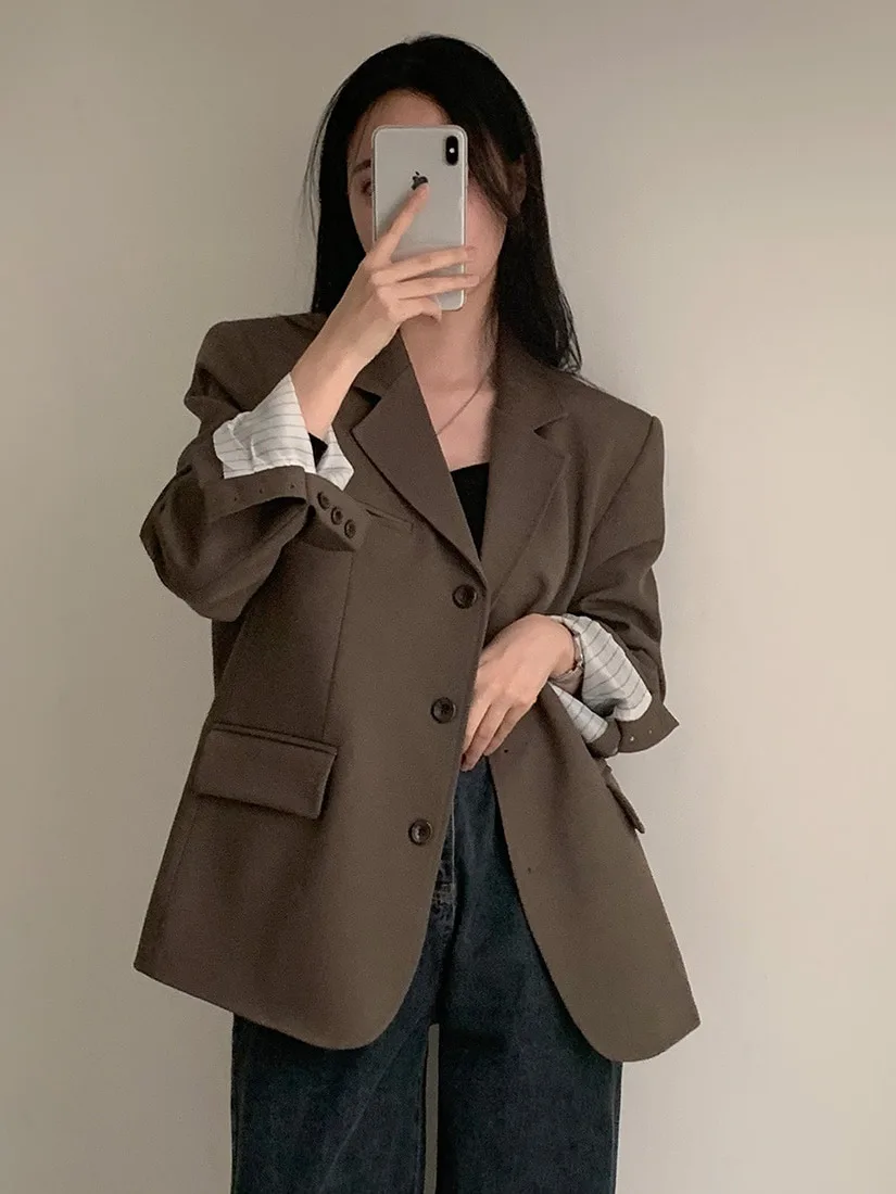 

Ele Spring Vintage Suit Jaet Women's Loose Casual Long Sve Single Button Lapel Coat Chic Small Stature Friendly