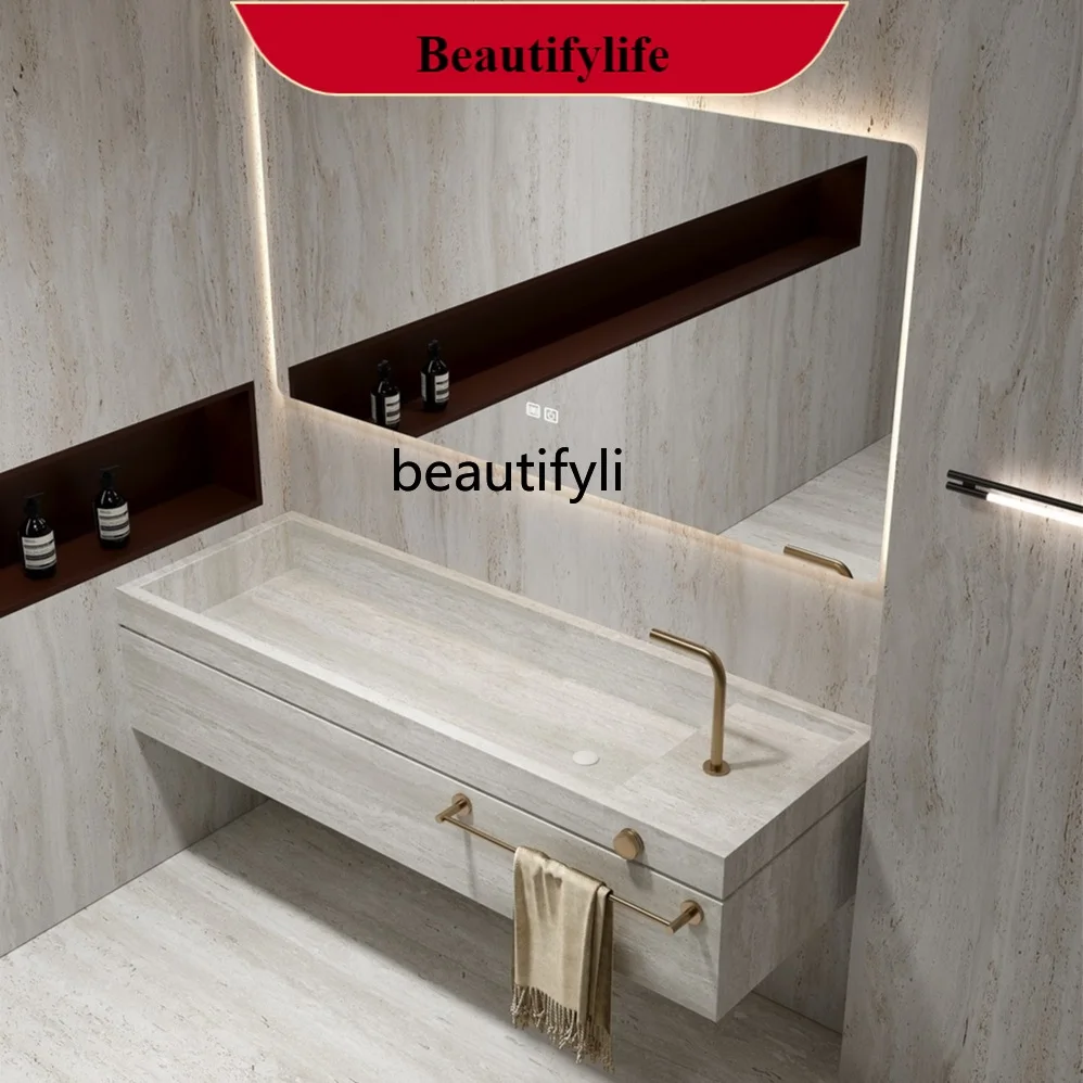 

F185 Hotel wind bathroom cabinet rock slab seamless integrated basin toilet commercial wash basin washstand