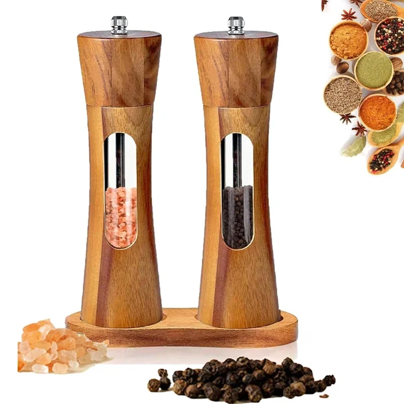 2pcs Manual Pepper Grinder with Wooden Tray Adjustable Ceramic Core Salt Shakers Hand-Cranked Spice Seasoning Mill for Steak BBQ