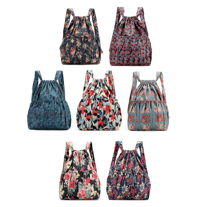 

M6CC Women Boho Floral Print Drawstring Backpack Foldable Sports Tote Bag Sackpack