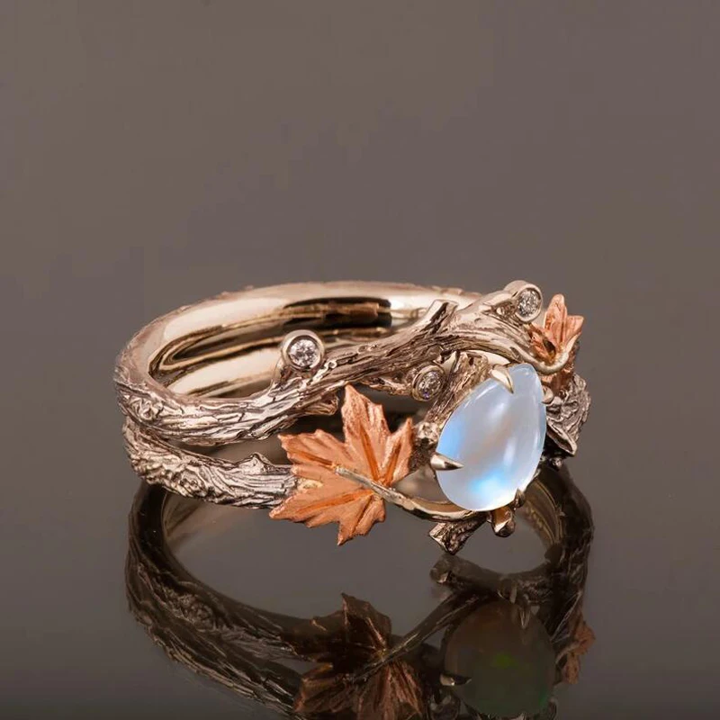 Gold Twig Maple Leaf Moonstone Ring Set para Mulheres Vintage, Antigo, Nupcial, Jóias De Casamento, Noivado, Presente De Aniversário, Moda