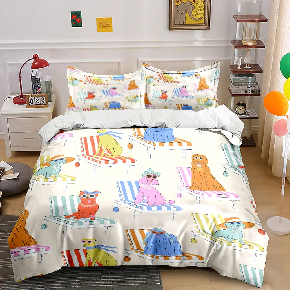 Stylish dogs lounging in the sun Pattern Duvet Cover Set Digital Print Colorful Polyester Bedding with Zipper Closur for gifts