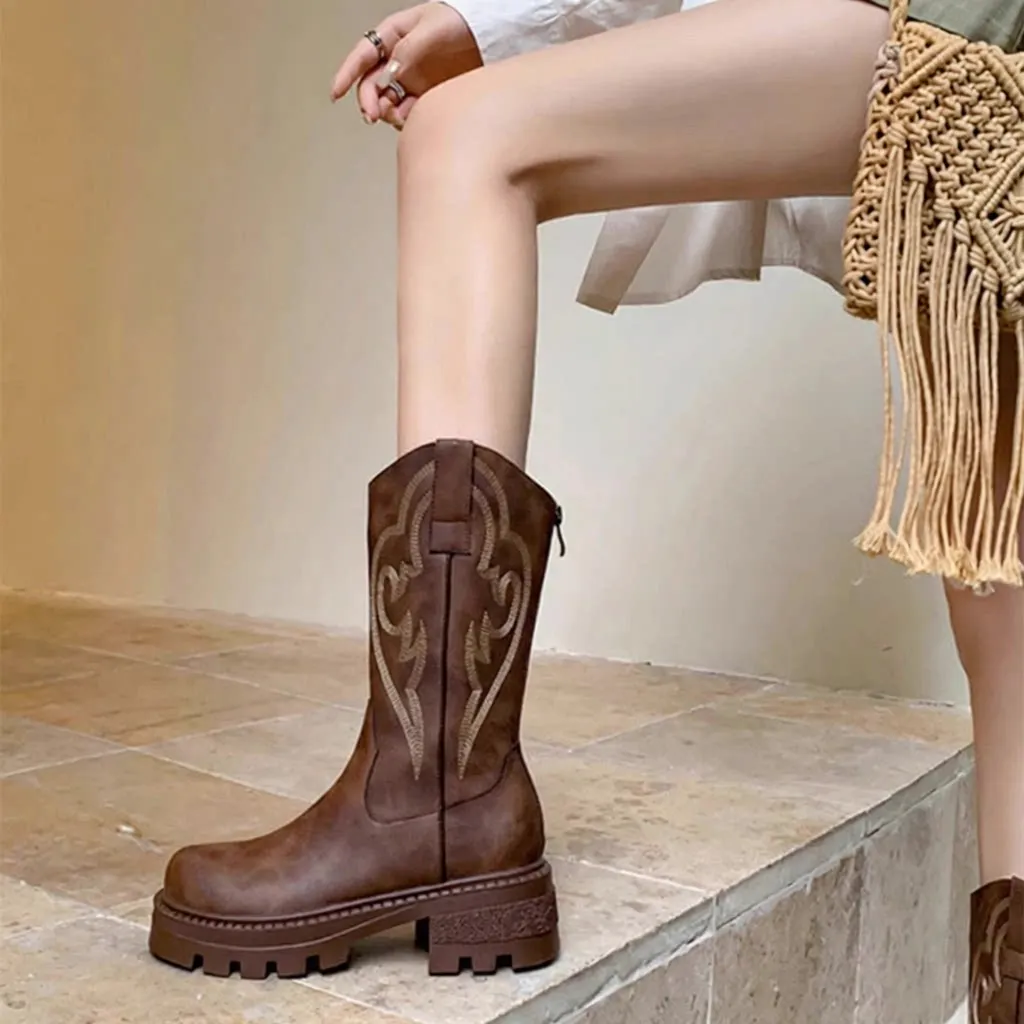 

Retro Soft Leather Thick Bottom Western Cowboy Boots Small Size Travel Sichuan West Tour Mid-Calf Autumn Winter Women's Marti...