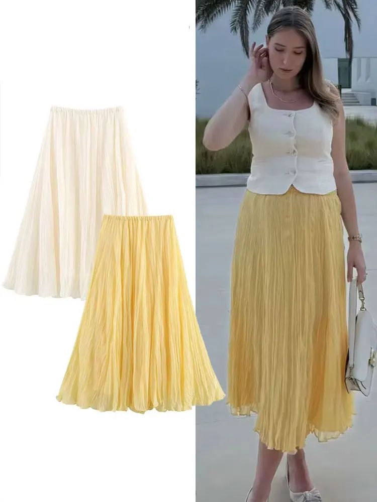 

Элегантная женская однотонная юбка с высокой эластичной резинкой на талии, свободные плиссированные юбки, женская летняя 2022, дикая повседневная шикарная женская юбка-миди