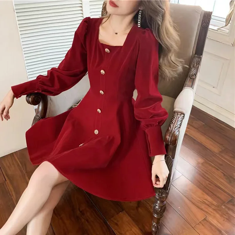 Autumn/winter New Pleuche Mini Dress Red Square Collar Dress For Christmas Parties Chic Cross-year Gown