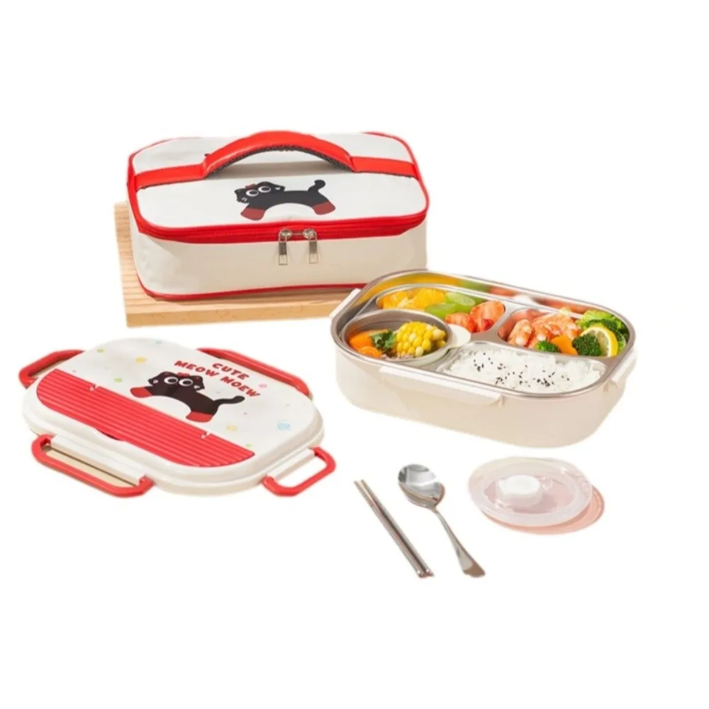 Leakproof Stainless Steel Lunch Box Portable Cartoon 4 Grids Lunch Box with A Spoon and Chopsticks Microwave Safe