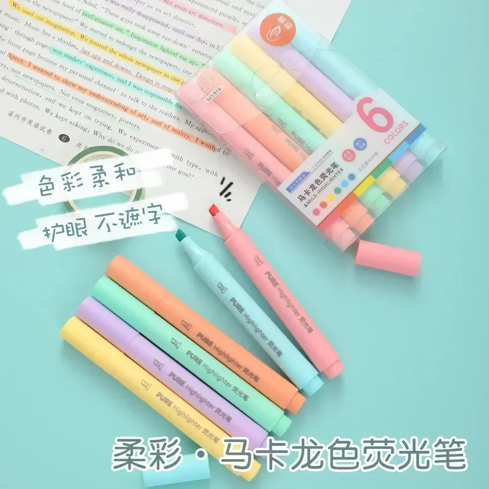 6Pcs/set Pastel Color Macaron Highlighter Pen Marker Pens Fluorescent Pen Drawing Highlighters Cute Stationery School Supplies