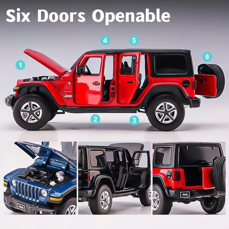 1:32 Jeep Wrangler Sahara Diecast Toy Car Model SUV Miniature Free Wheels Doors Openable Sound Light Collection Gift for Boy Kid