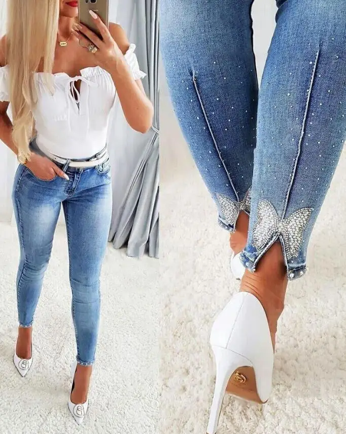 Pants for Woman 2024 New Rhinestone Beaded Butterfly Pattern Split Hem Skinny Jeans Without Belt All-Match Denim Trousers