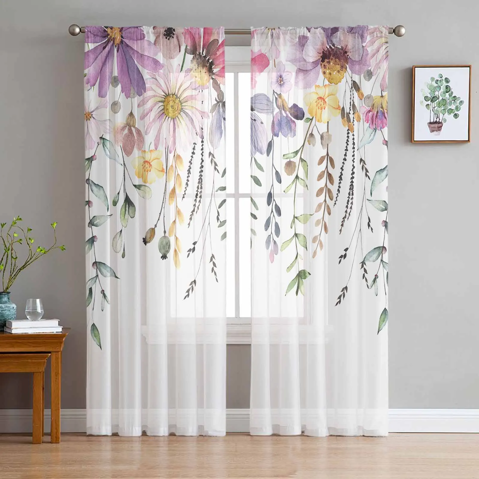 Pastoral Style Plants Wildflowers Sheer Tulle Curtains for Living Room Valance Curtains Kitchen Bedroom Window Voile Drapery