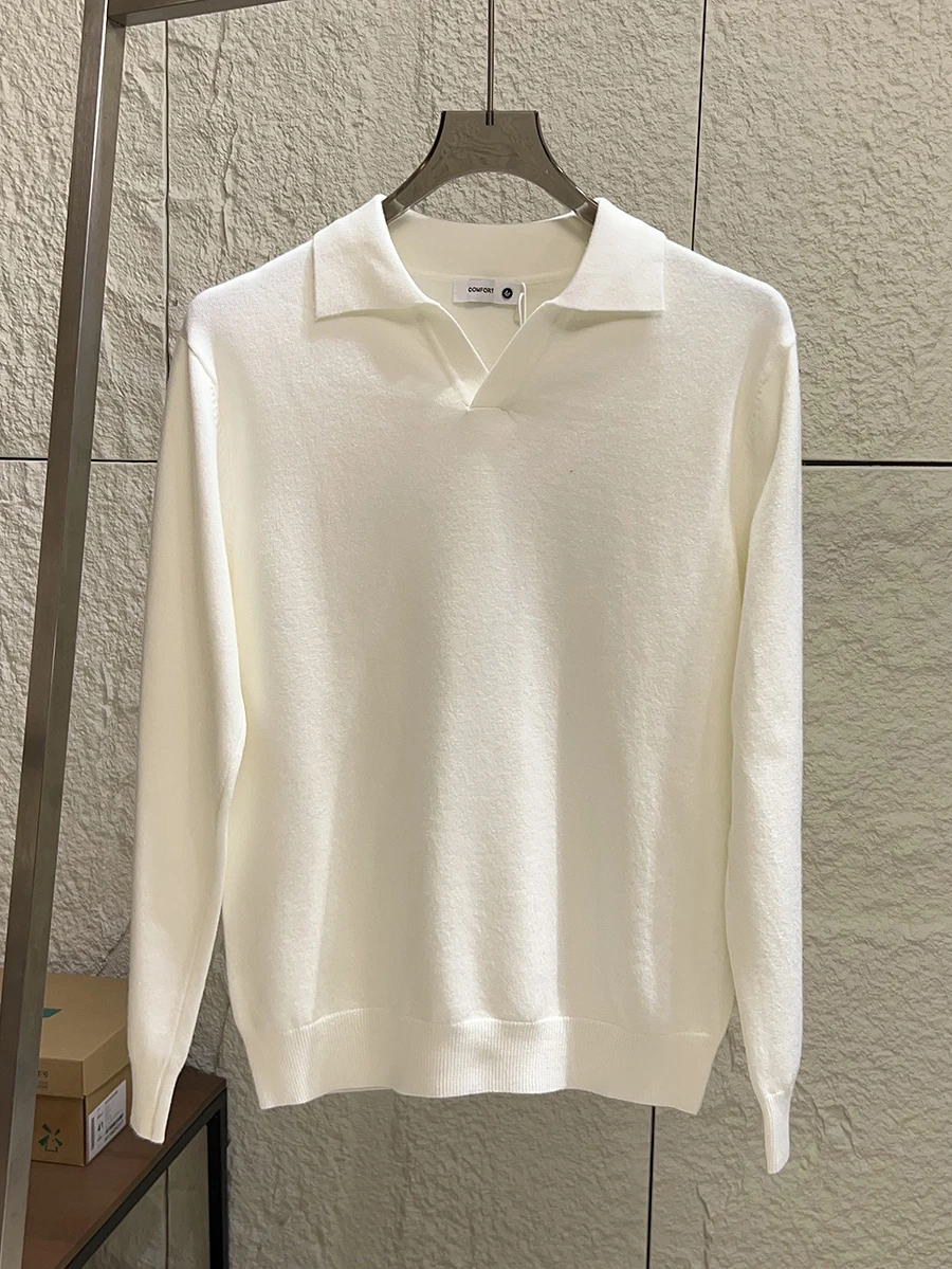 Autumn Winter Men's Breathable Skin-friendly Pure Color Versatile Turn-down Collar Knitted Sweater Italian Small V-neck Knitwear