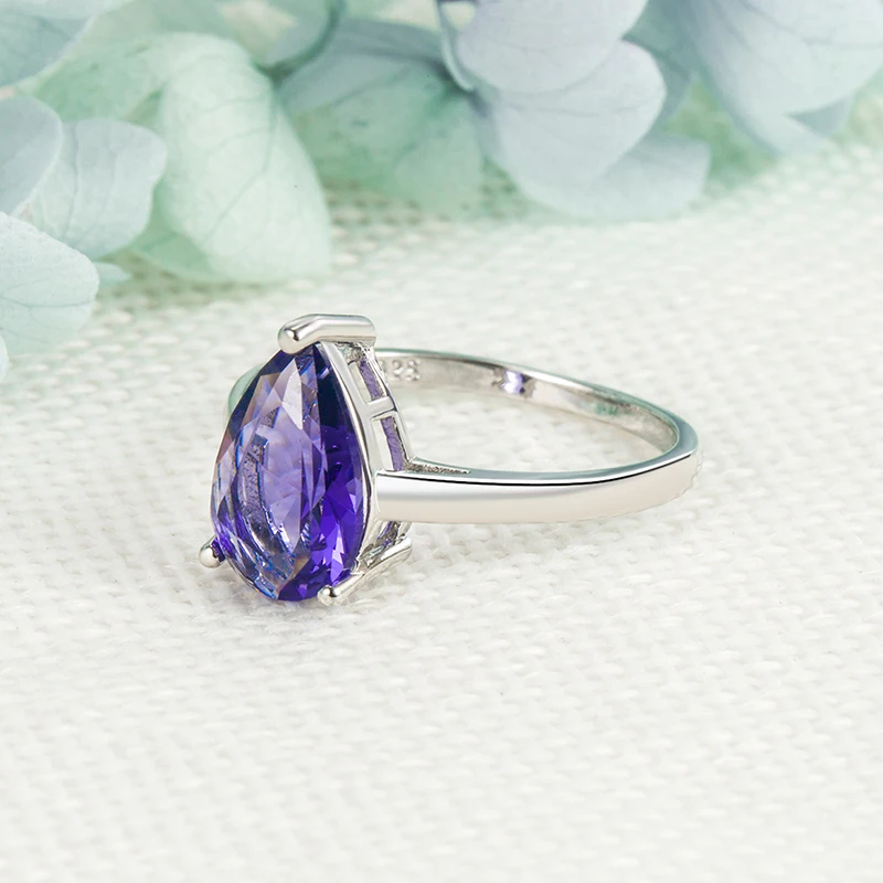 Trendy Ring 925 Silver Jewelry for Women Water Drop Shape Amethyst Gemstone Finger Rings Wedding Engagement Ornaments Wholesale