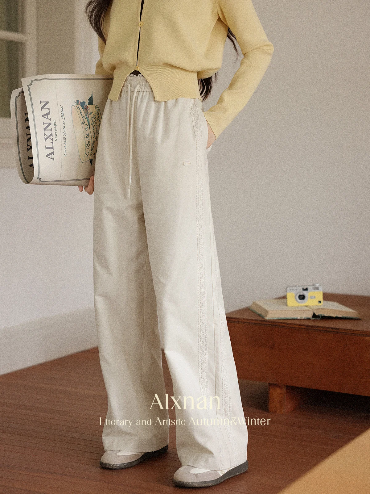 

ALXNAN Women's Pants Baggy Casual Straight Elastic Waist Cotton Pants Office Lady Wide-leg Drawstring Trousers Female L56821