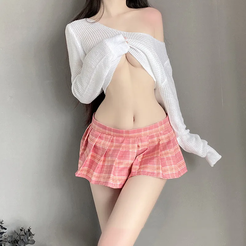 School Girls Uniform Cosplay Lingerie Women Costume Top Sweater With Plaid Skirt Sexy Student Uniform Role Play Porno Outfits