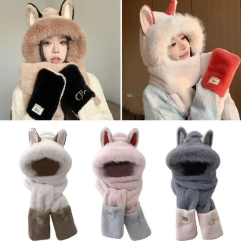 

2/3Pcs Cute Scarf Hat Glove for Women Casual Thickened Furry Scarf Cap Set Warmer Ear Protection Cartoon Plush Hat Girl