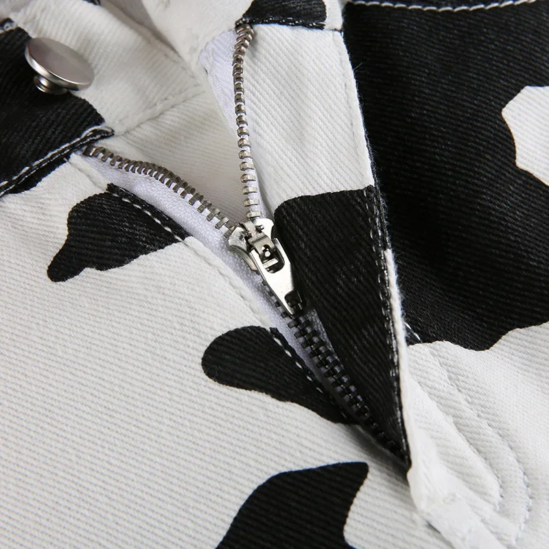 Hip Hop Patchwork Cow Jeans Women Straight Baggy Long Pants Korean High Waist Trousers Wide Leg Denim Jeans Streetwear