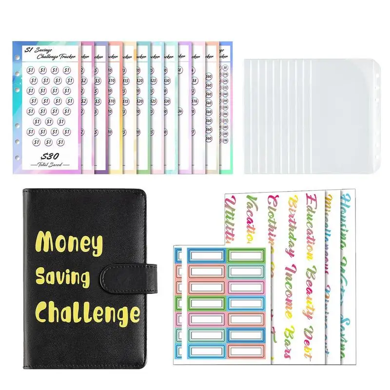 Envelope Challenge Binder Pockets 100 Envelope Savings Challenge Book PU Leather Money Challenge Binder A6 Size Budget Planner
