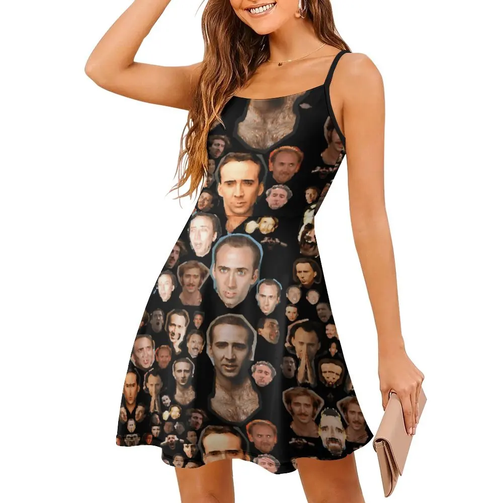 Nicholas Cage Faces Pattern Nicolas Cage Vintage Sexy  Woman's Gown Women's Sling Dress Geek  Parties The Dress